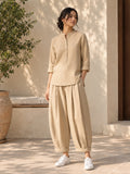Beige Cotton Mandarin Collar Top & Balloon Pant Set