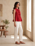 Red Pleated Top with Tie-Front Detailing