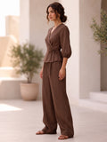 Mocha Brown Cotton V-Neck Top-Bottom Set