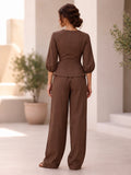 Mocha Brown Cotton V-Neck Top-Bottom Set