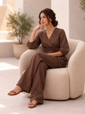 Mocha Brown Cotton V-Neck Top-Bottom Set