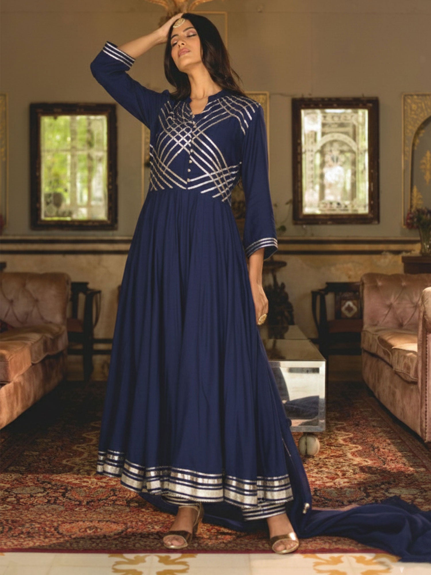 Navy Blue Gota Work Muslin Anarkali Suit Suti Rang Navy Blue Gota Work Muslin Anarkali Suit Suti Rang