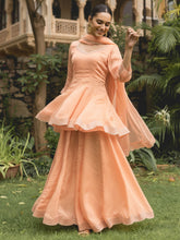 Peach Satin Sharara Suit With Flare Kameez
