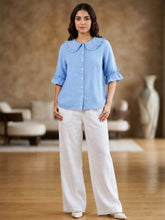 Sky Blue Frill Collar Cotton Top for Women