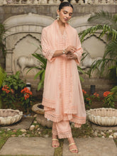 Peach Cotton Kurta Set With Organza Dupatta