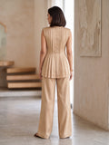 Beige Button-Front Silk Top Bottom Set