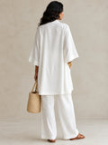 White Linen Wide-Sleeve Top-Bottom Set