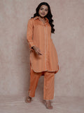 Coral Orange Kurta Set With Collared Neck