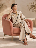 Beige V-Neck Top with Black Border Trousers