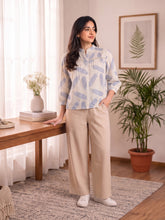 Ivory Blue Feather Print Cotton Shirt for Women