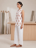 White Floral Printed Cotton Pintuck Top