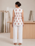 White Floral Printed Cotton Pintuck Top