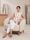 White Floral Printed Cotton Pintuck Top