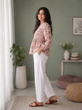 Rose Pink Printed Gathered Waist Top for Women