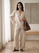 Beige Airy Cotton V-Neck Top Bottom Set