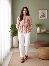 Rose Pink Printed Gathered Waist Top for Women