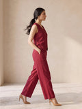 Wine Red Smart Casual Top-Bottom Set for Women