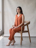 Rust Orange Minimal Linen Top & Trouser Set