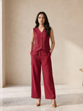Wine Red Smart Casual Top-Bottom Set for Women
