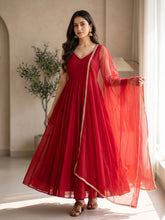 Red Anarkali Suit with Gold Border Dupatta
