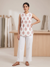 White Floral Printed Cotton Pintuck Top
