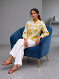 Yellow Floral Printed Lace Work Cotton Top