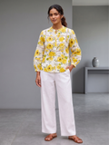 Yellow Floral Printed Lace Work Cotton Top