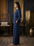Navy Blue Cotton Linen Shirt with Wide-Leg Trouser Set