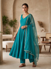 Blue Cotton Silk Anarkali Suit Set