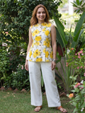 Yellow Floral Printed Sleeveless Cotton Top for Women