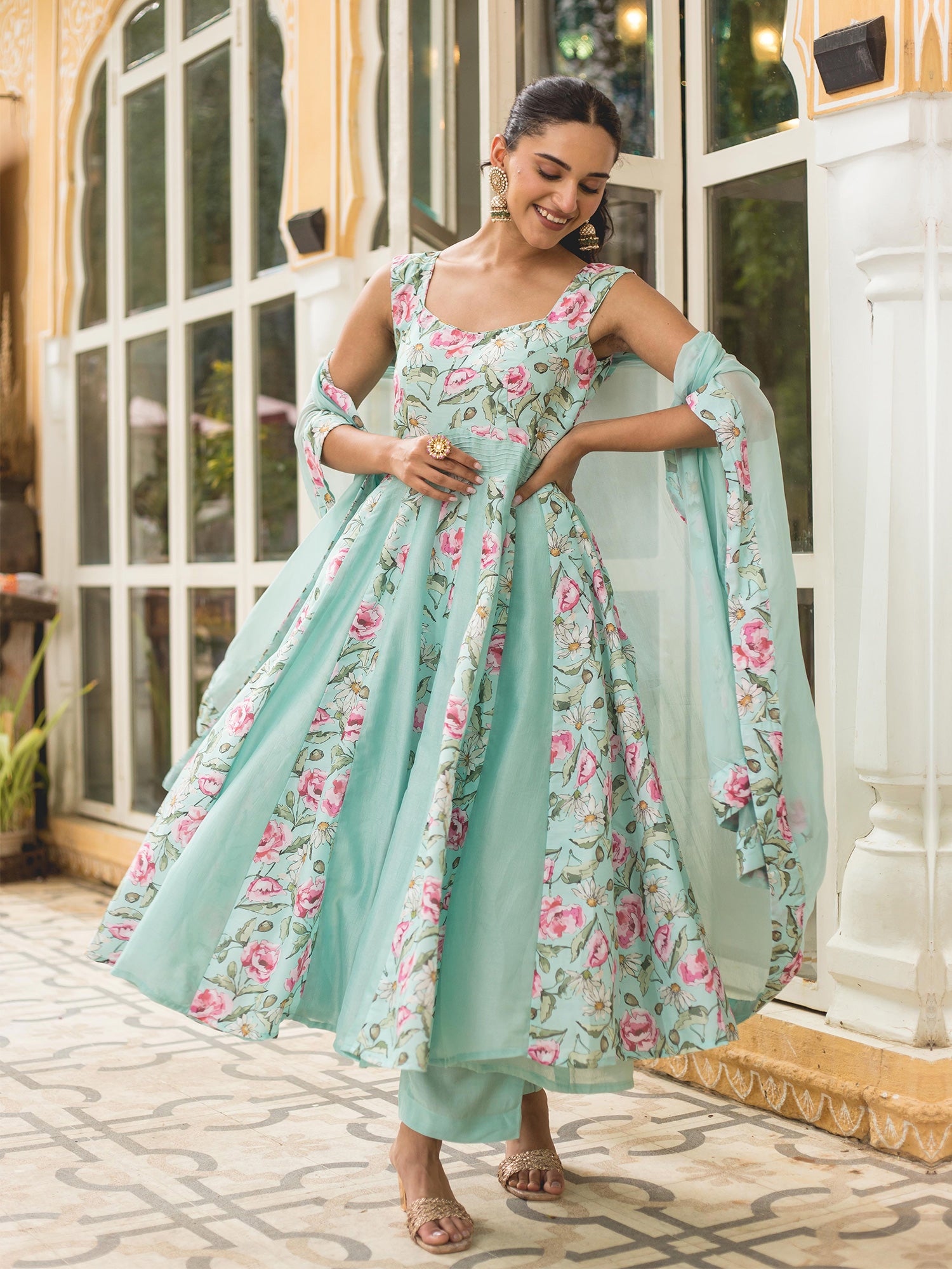 Sea Green Muslin Printed Cape Style Anarkali Suit Set Suti Rang Sea Green Muslin Printed Cape Style Anarkali Suit Set Suti Rang