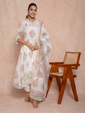 Pearl White Hand Block Chanderi Suit Set