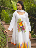 White Handpainted Cotton Satin Kurta Set with Dupatta