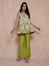 Lime Green Muslin Printed Strappy Top With Bottom