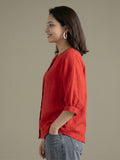 Red Puff Sleeves Women's Top In Cotton