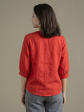 Red Puff Sleeves Women's Top In Cotton