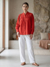 Tomato Red Luxe Cotton Pintuck Top for Women