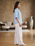 Sky Blue Frill Collar Cotton Top for Women