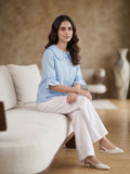 Sky Blue Frill Collar Cotton Top for Women
