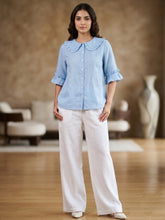 Sky Blue Frill Collar Cotton Top for Women