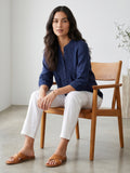 Midnight Blue Cotton Pintuck Top for Women.