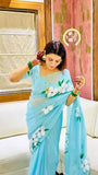 Blue Organza Handpainted Floral Print Saree