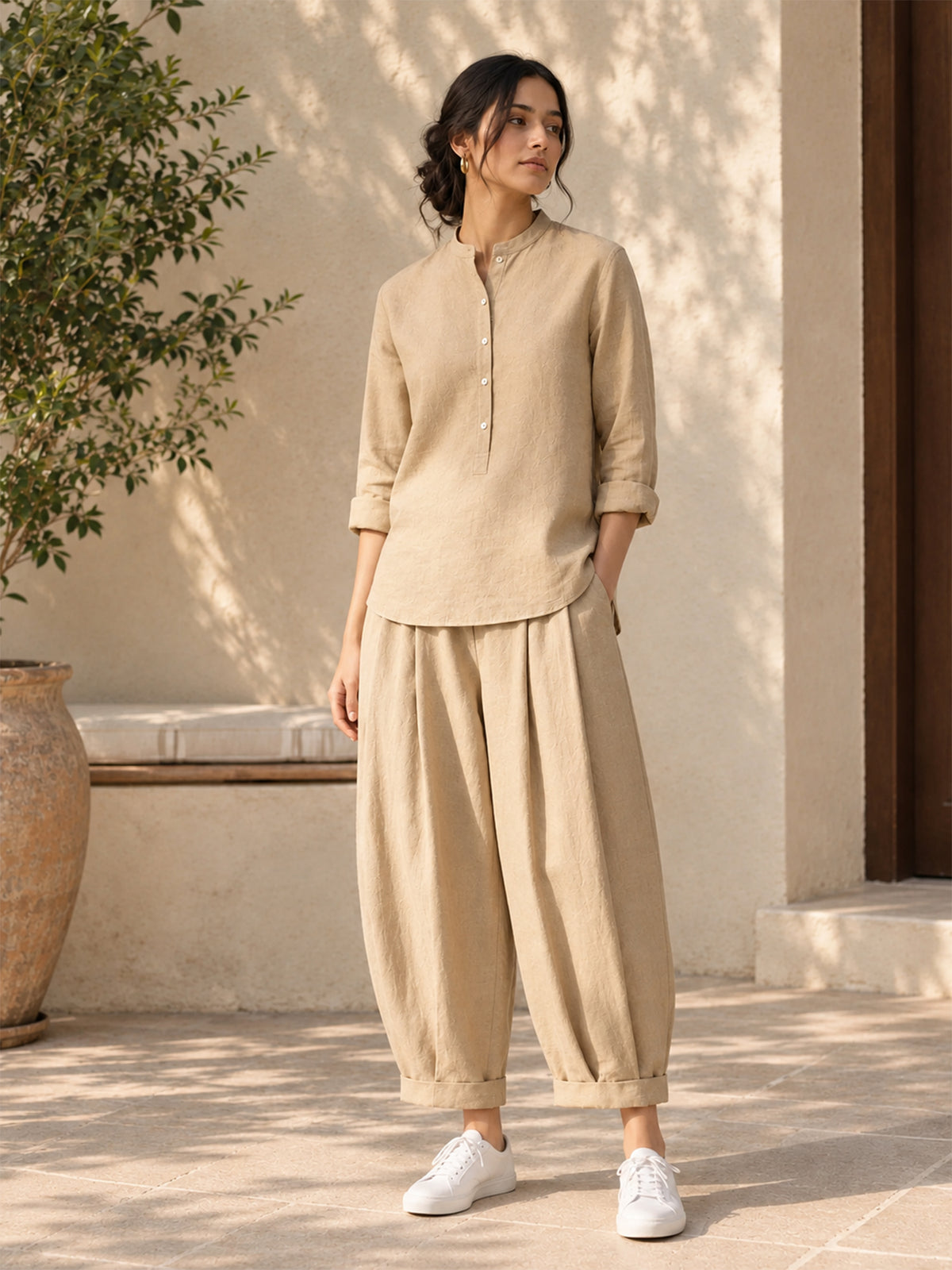 Beige Cotton Mandarin Collar Top & Balloon Pant Set