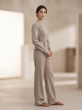 Grey Belted Top with Wide-Leg Pants