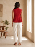 Red Pleated Top with Tie-Front Detailing