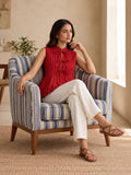 Red Pleated Top with Tie-Front Detailing
