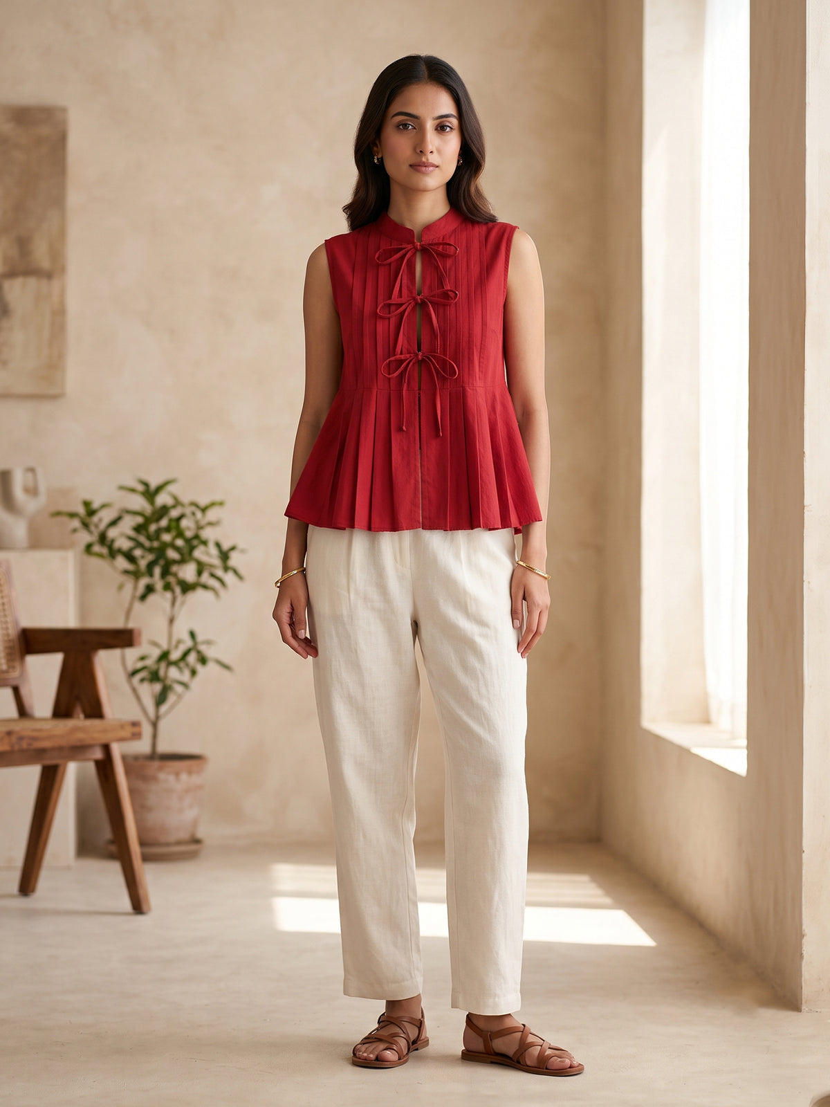 Red Pleated Top with Tie-Front Detailing