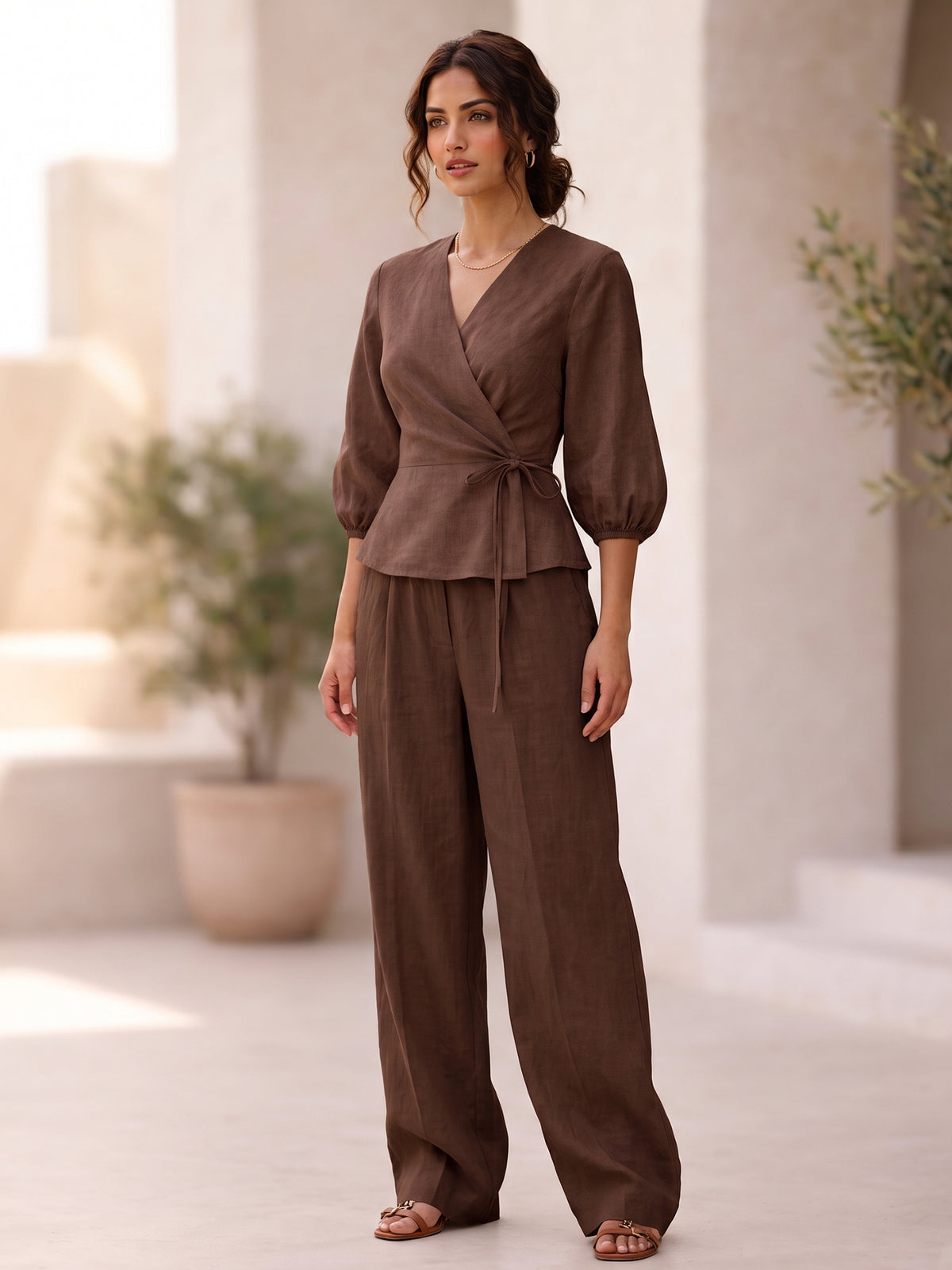 Mocha Brown Cotton V-Neck Top-Bottom Set
