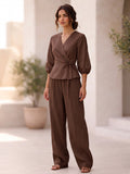 Mocha Brown Cotton V-Neck Top-Bottom Set