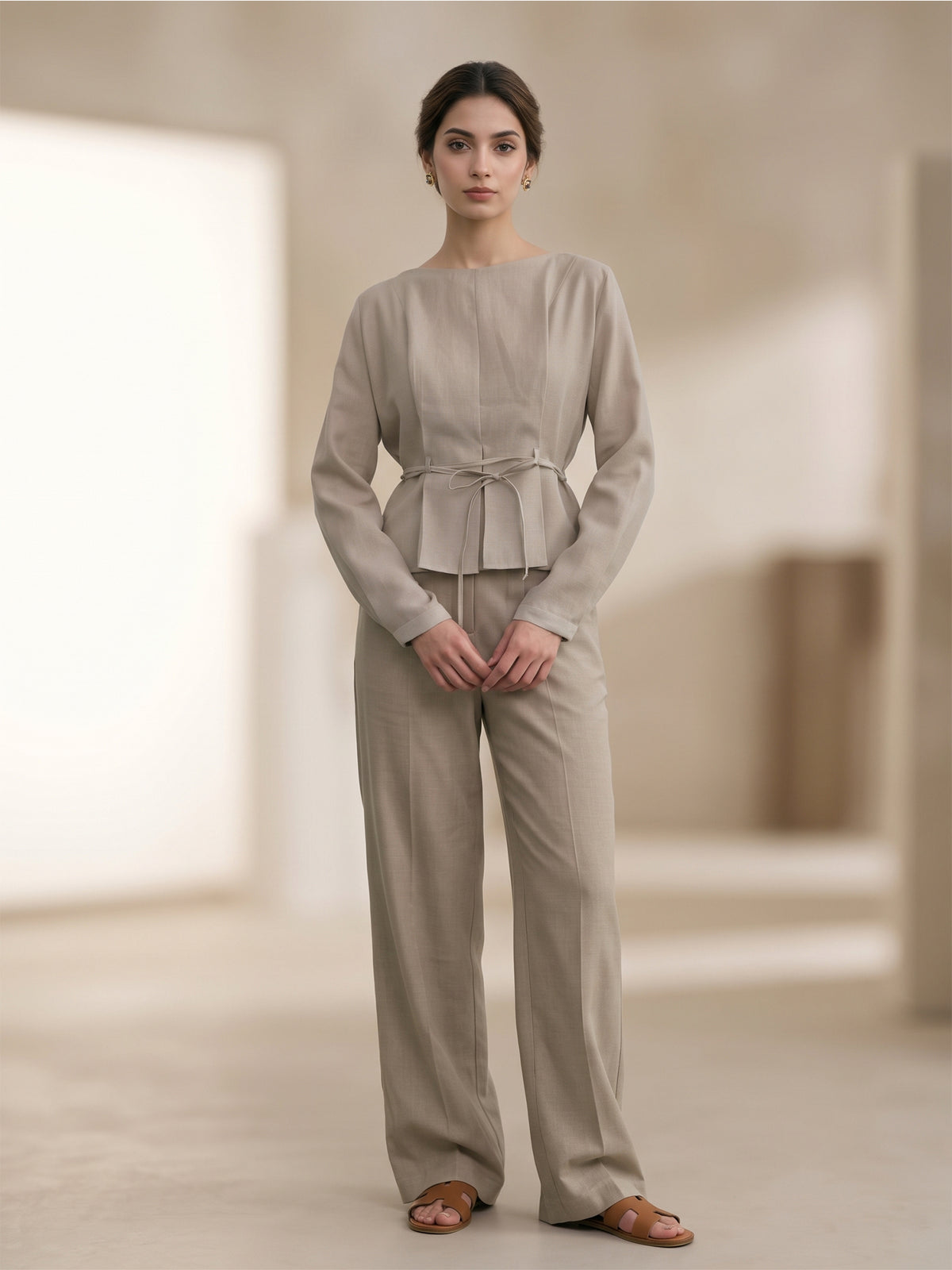 Grey Belted Top with Wide-Leg Pants